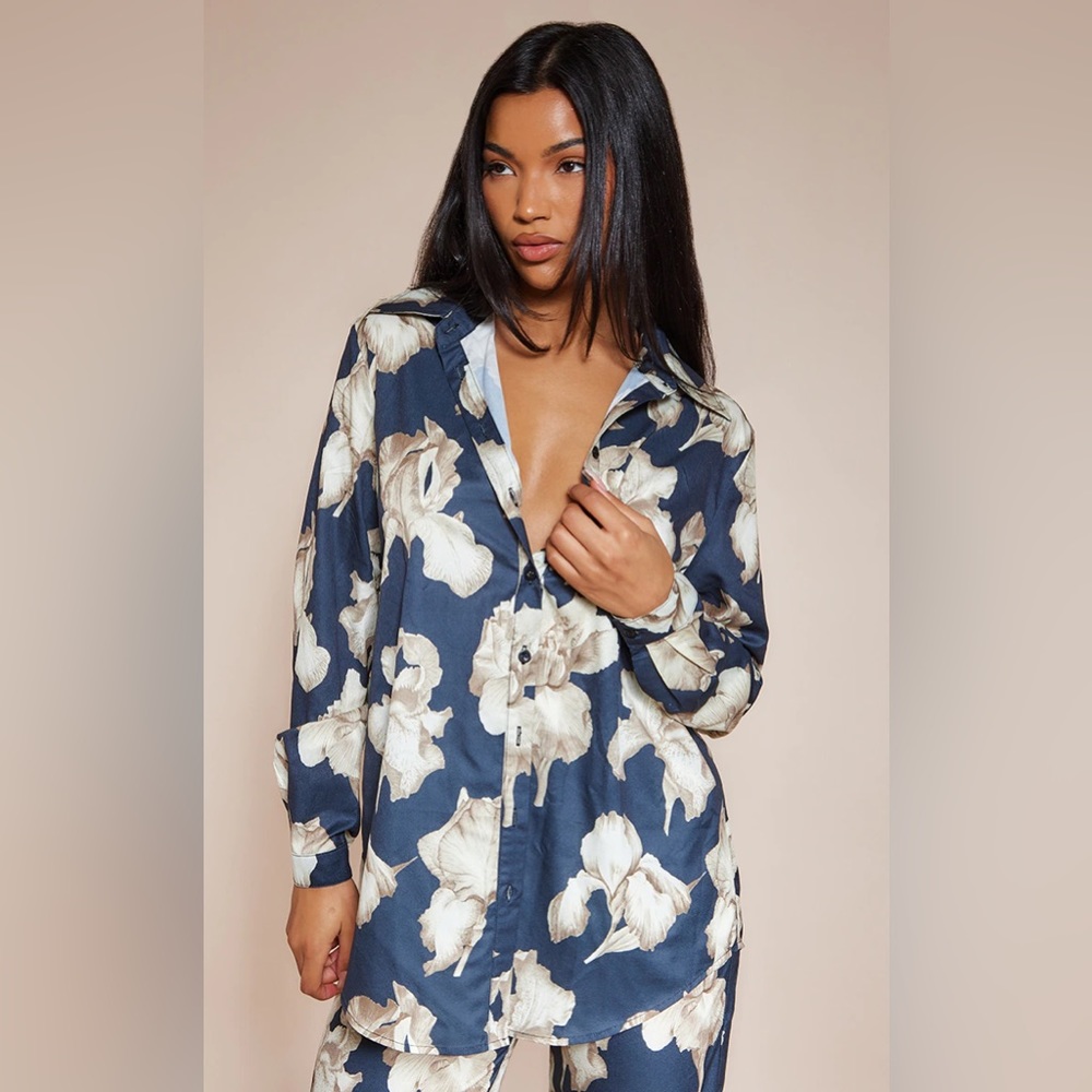 Pretty Little Thing | Navy Floral Print Oversized Shirt